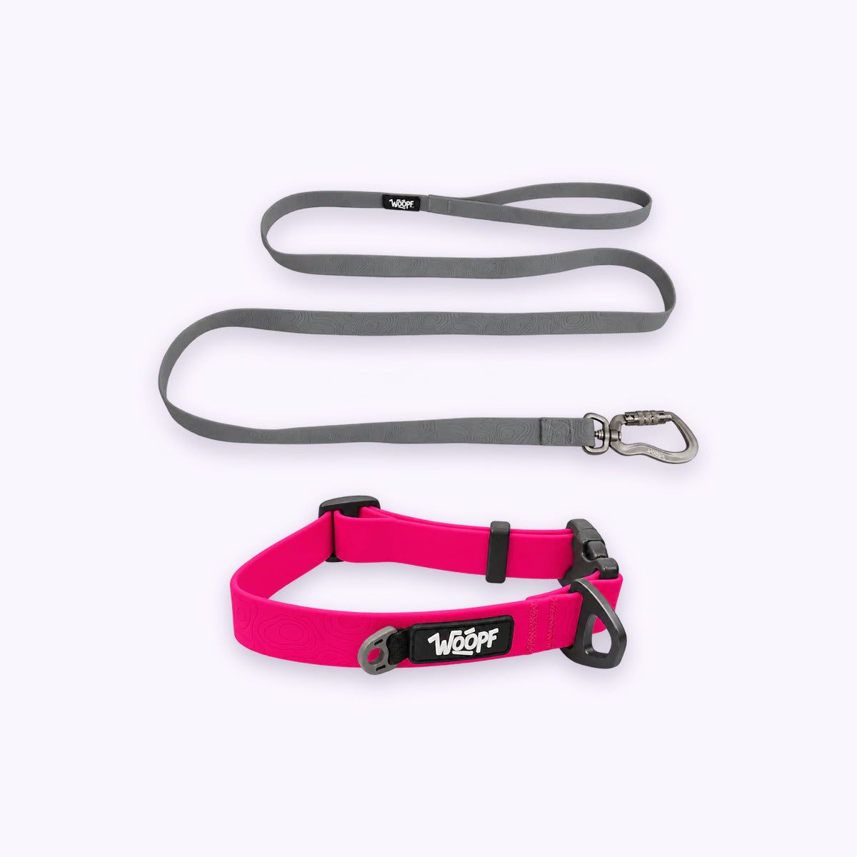 Pink | Swimmer Bundle: The Pink Sealskin Waterproof Dog Collar with the Grey Sealskin Lightweight Waterproof Leash on a pale lavender background