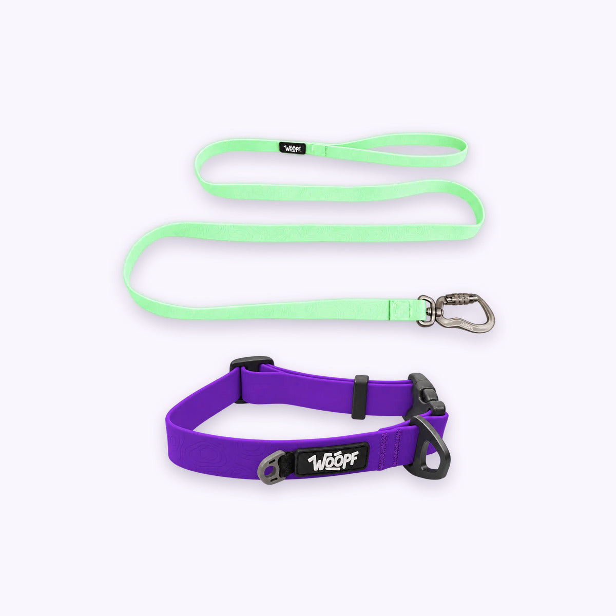 Purple | Swimmer Bundle: The Purple Sealskin Waterproof Dog Collar with the Glow Sealskin Lightweight Waterproof Leash on a pale lavender background