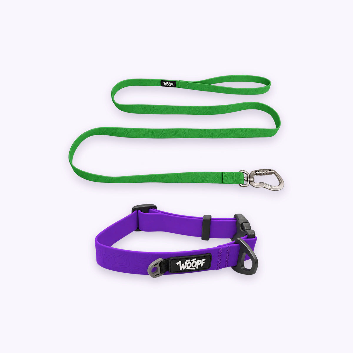 Purple | Swimmer Bundle: The Purple Sealskin Waterproof Dog Collar with the Green Sealskin Lightweight Waterproof Leash on a pale lavender background