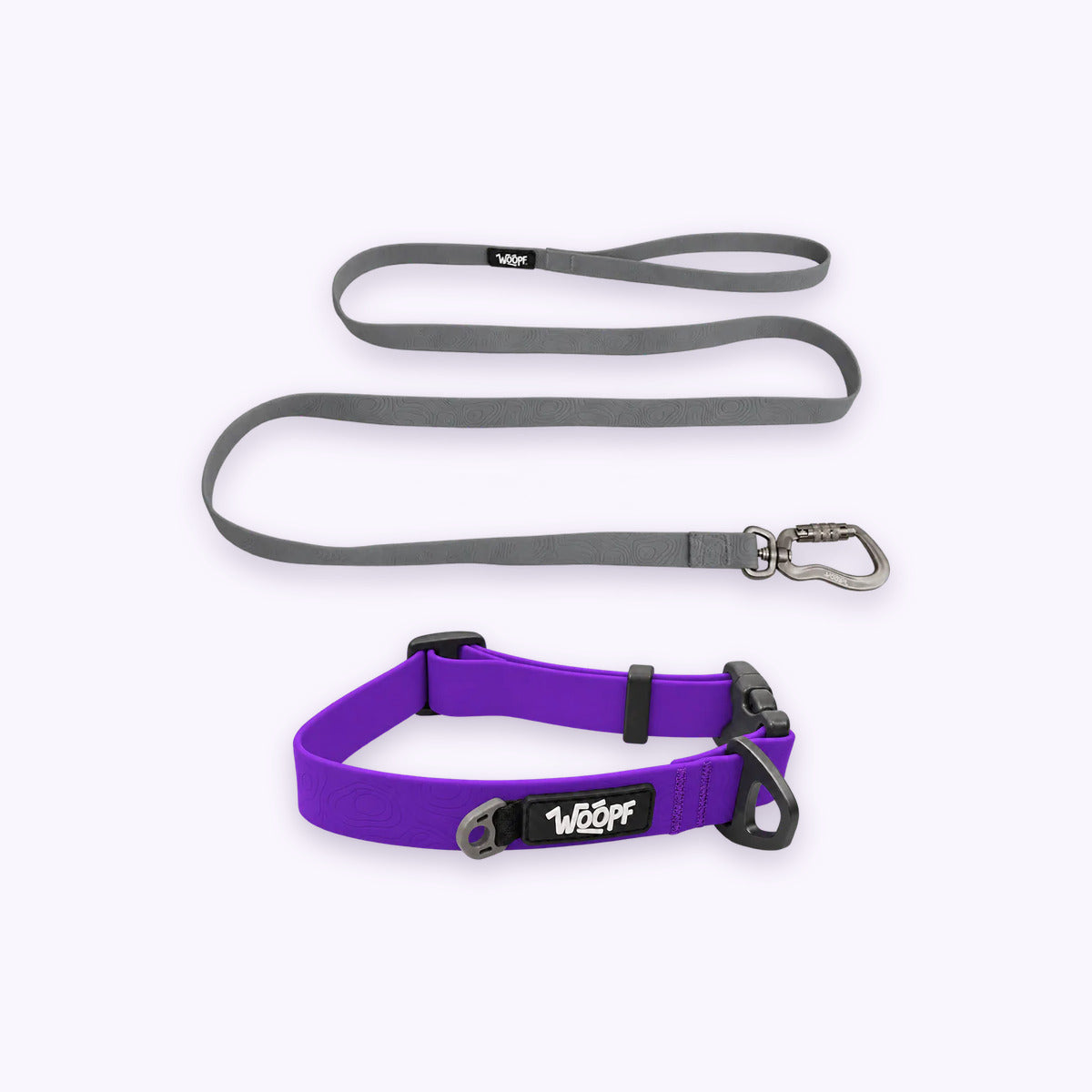 Purple | Swimmer Bundle: The Purple Sealskin Waterproof Dog Collar with the Grey Sealskin Lightweight Waterproof Leash on a pale lavender background