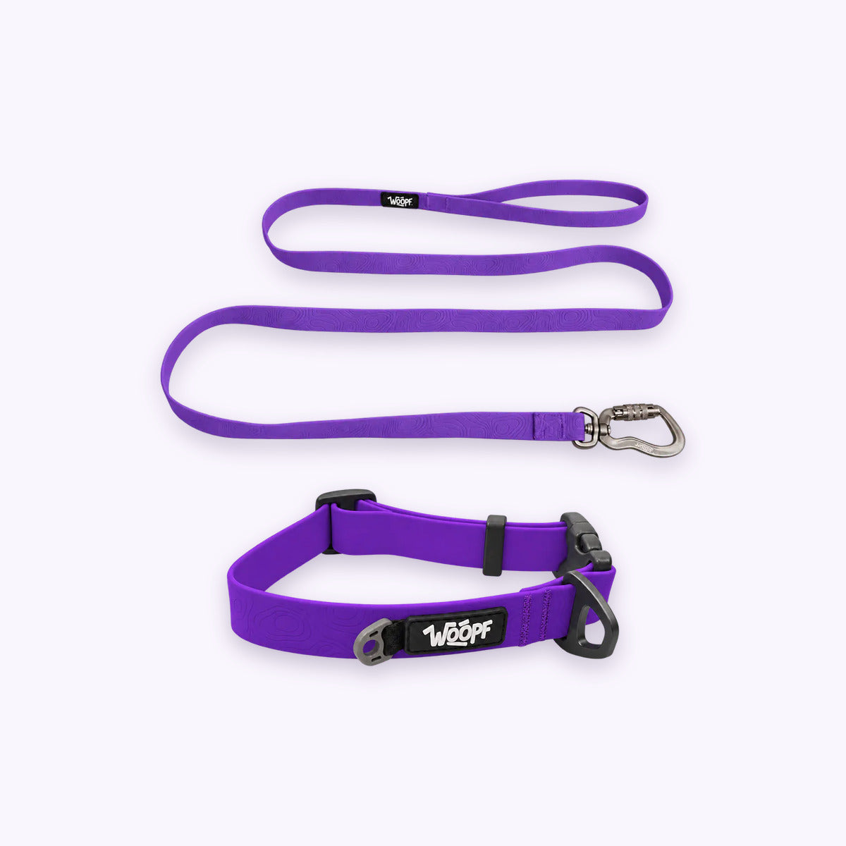 Purple | Swimmer Bundle: The Purple Sealskin Waterproof Dog Collar with the Purple Sealskin Lightweight Waterproof Leash on a pale lavender background