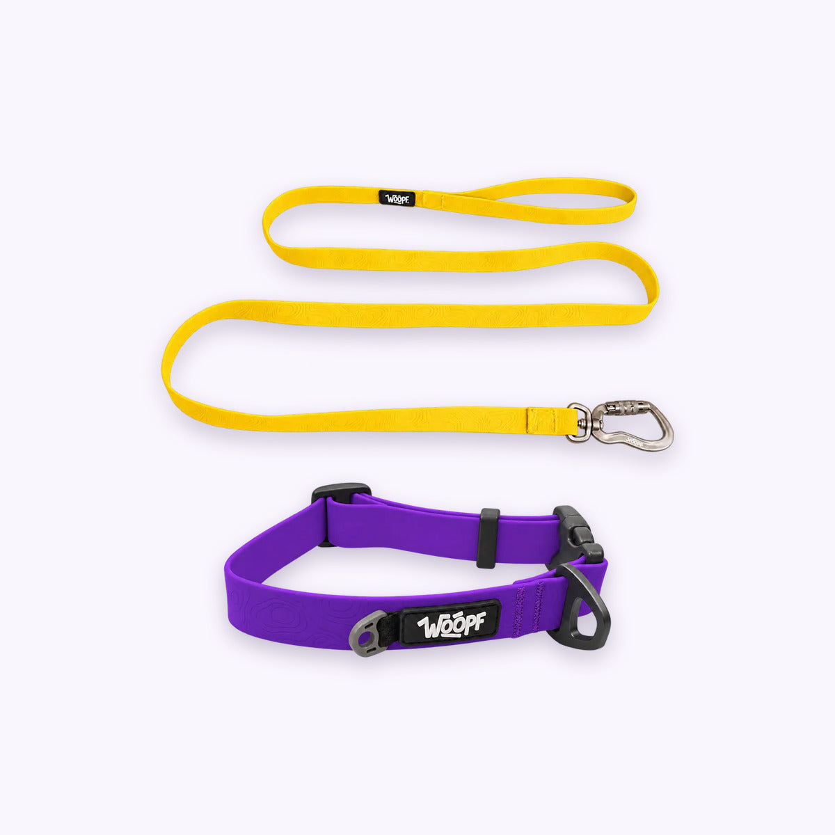 Purple | Swimmer Bundle: The Purple Sealskin Waterproof Dog Collar with the Yellow Sealskin Lightweight Waterproof Leash on a pale lavender background