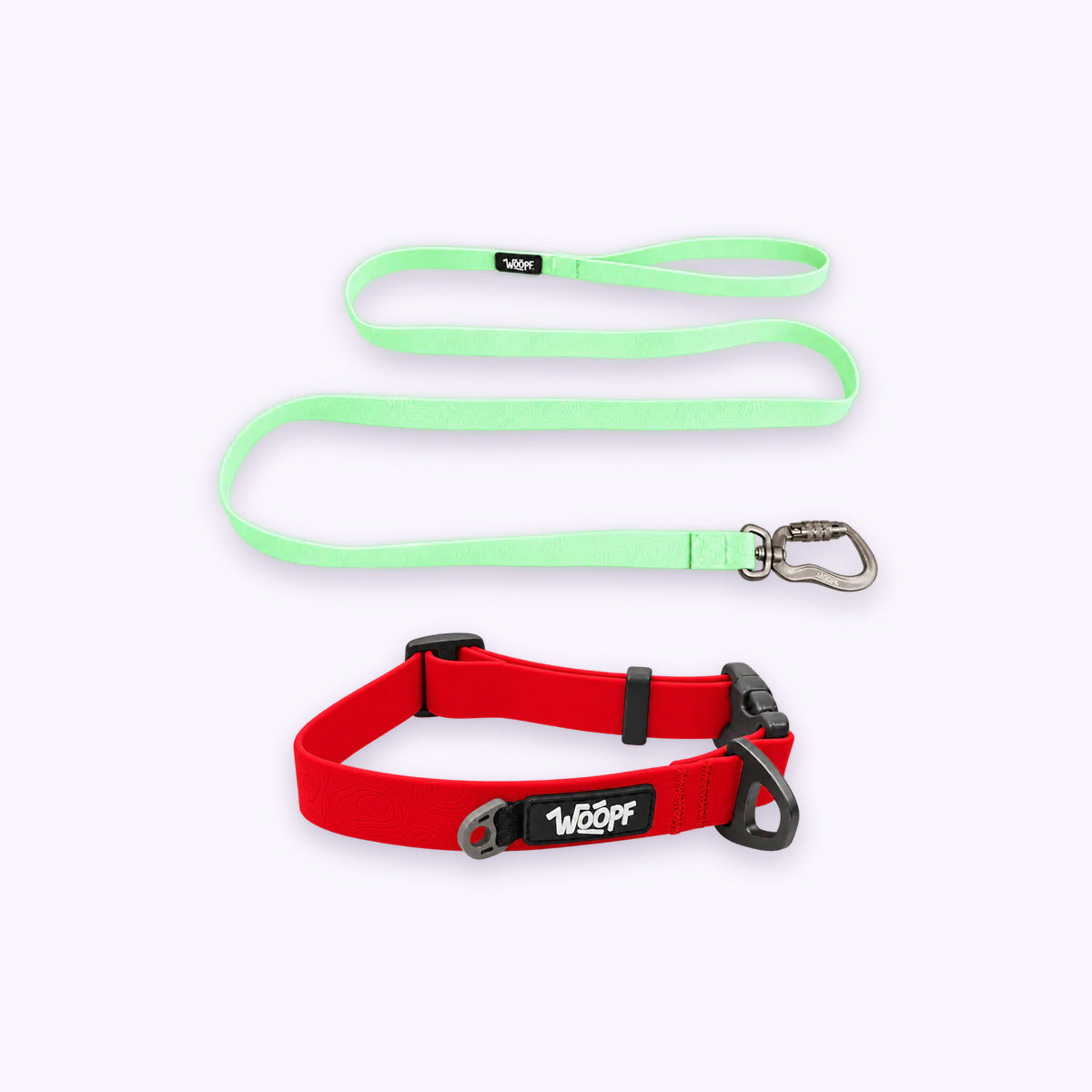 Red | Swimmer Bundle: The Red Sealskin Waterproof Dog Collar with the Glow Sealskin Lightweight Waterproof Leash on a pale lavender background