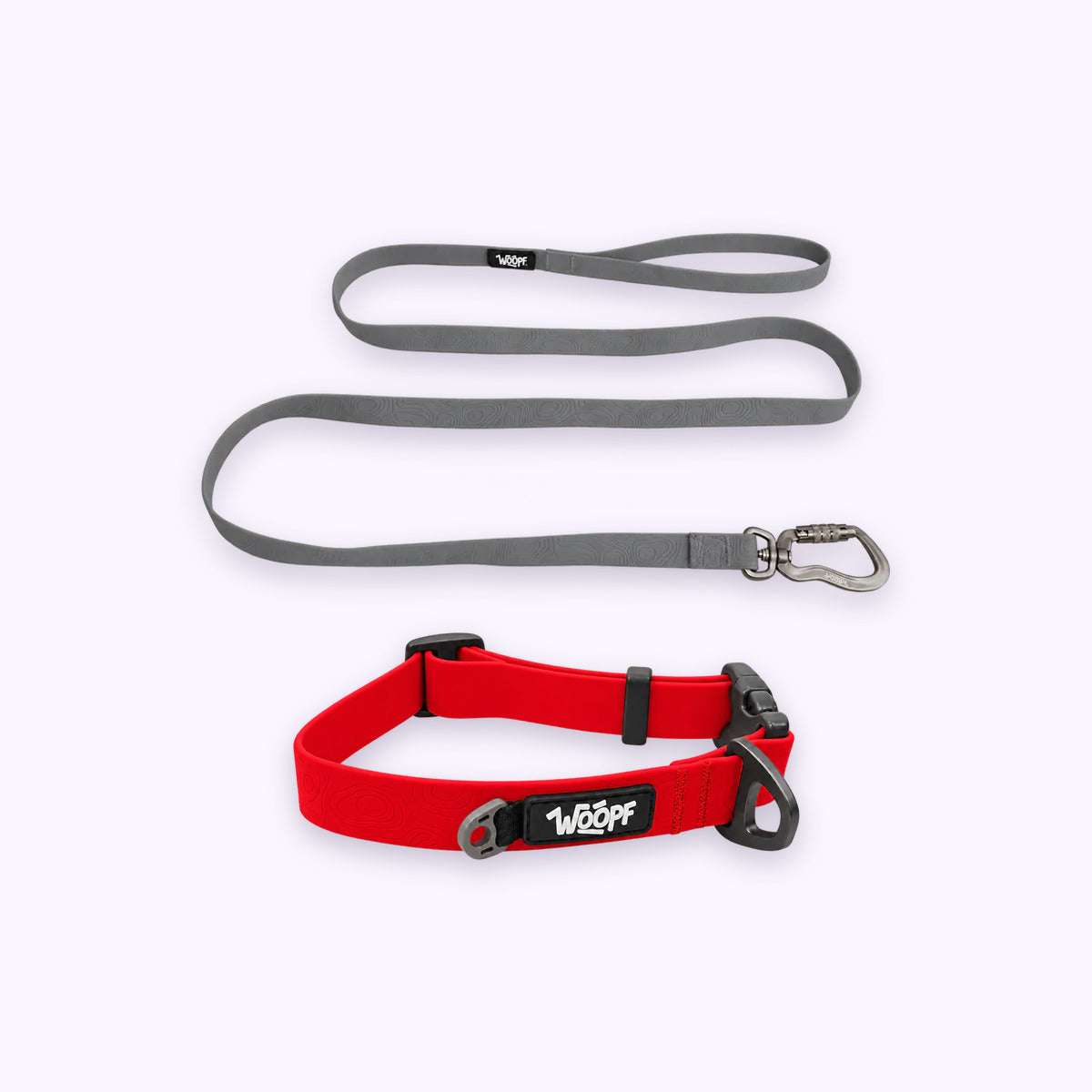 Red | Swimmer Bundle: The Red Sealskin Waterproof Dog Collar with the Grey Sealskin Lightweight Waterproof Leash on a pale lavender background