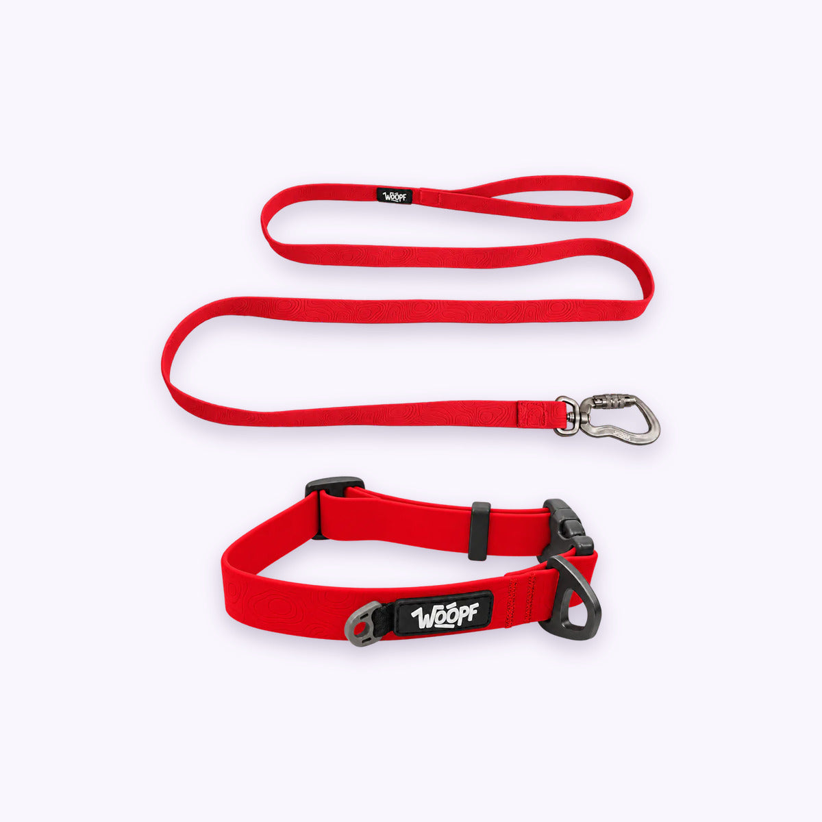 Red | Swimmer Bundle: The Red Sealskin Waterproof Dog Collar with the Red Sealskin Lightweight Waterproof Leash on a pale lavender background