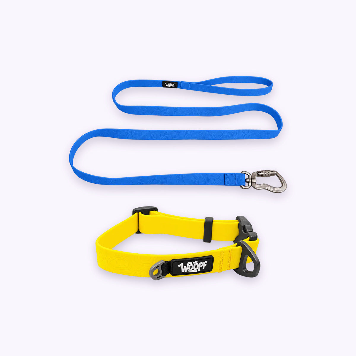 Yellow | Swimmer Bundle: The Yellow Sealskin Waterproof Dog Collar with the Blue Sealskin Lightweight Waterproof Leash on a pale lavender background