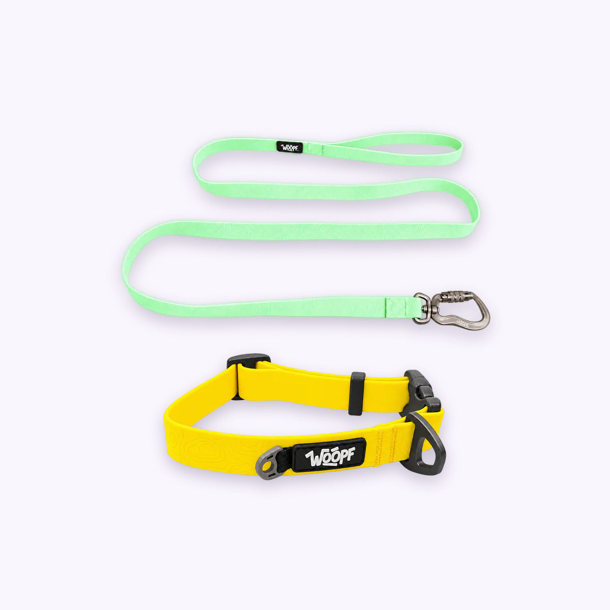 Yellow | Swimmer Bundle: The Yellow Sealskin Waterproof Dog Collar with the Glow Sealskin Lightweight Waterproof Leash on a pale lavender background