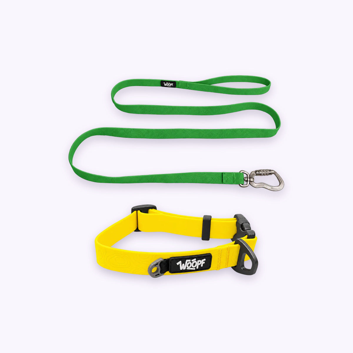 Yellow | Swimmer Bundle: The Yellow Sealskin Waterproof Dog Collar with the Green Sealskin Lightweight Waterproof Leash on a pale lavender background