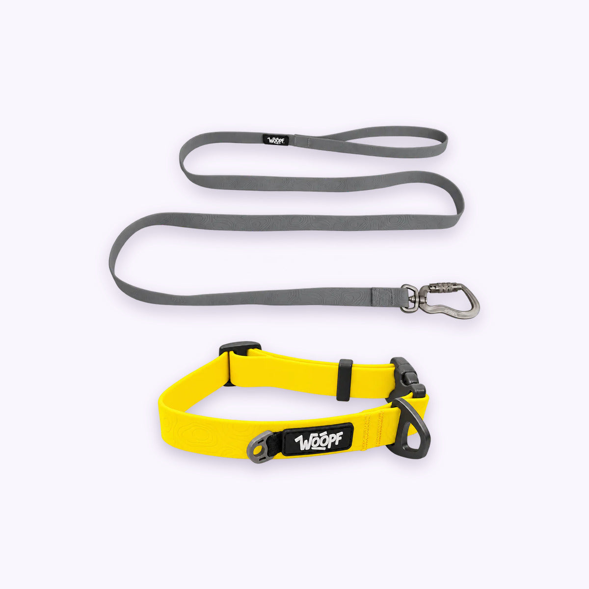 Yellow | Swimmer Bundle: The Yellow Sealskin Waterproof Dog Collar with the Grey Sealskin Lightweight Waterproof Leash on a pale lavender background