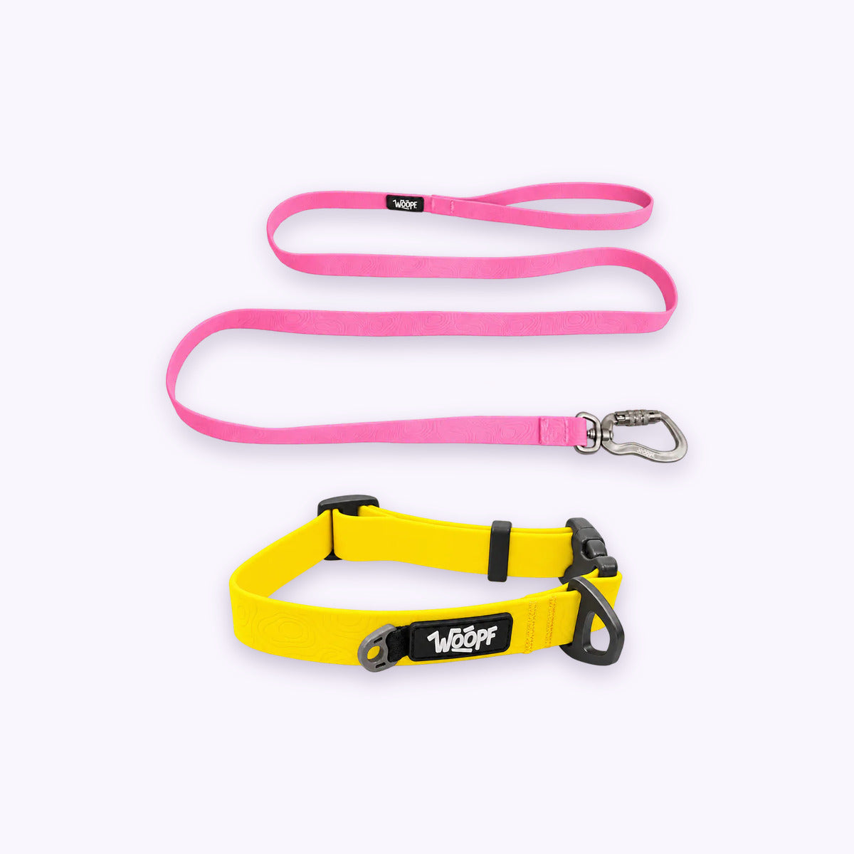 Yellow | Swimmer Bundle: The Yellow Sealskin Waterproof Dog Collar with the Pink Sealskin Lightweight Waterproof Leash on a pale lavender background