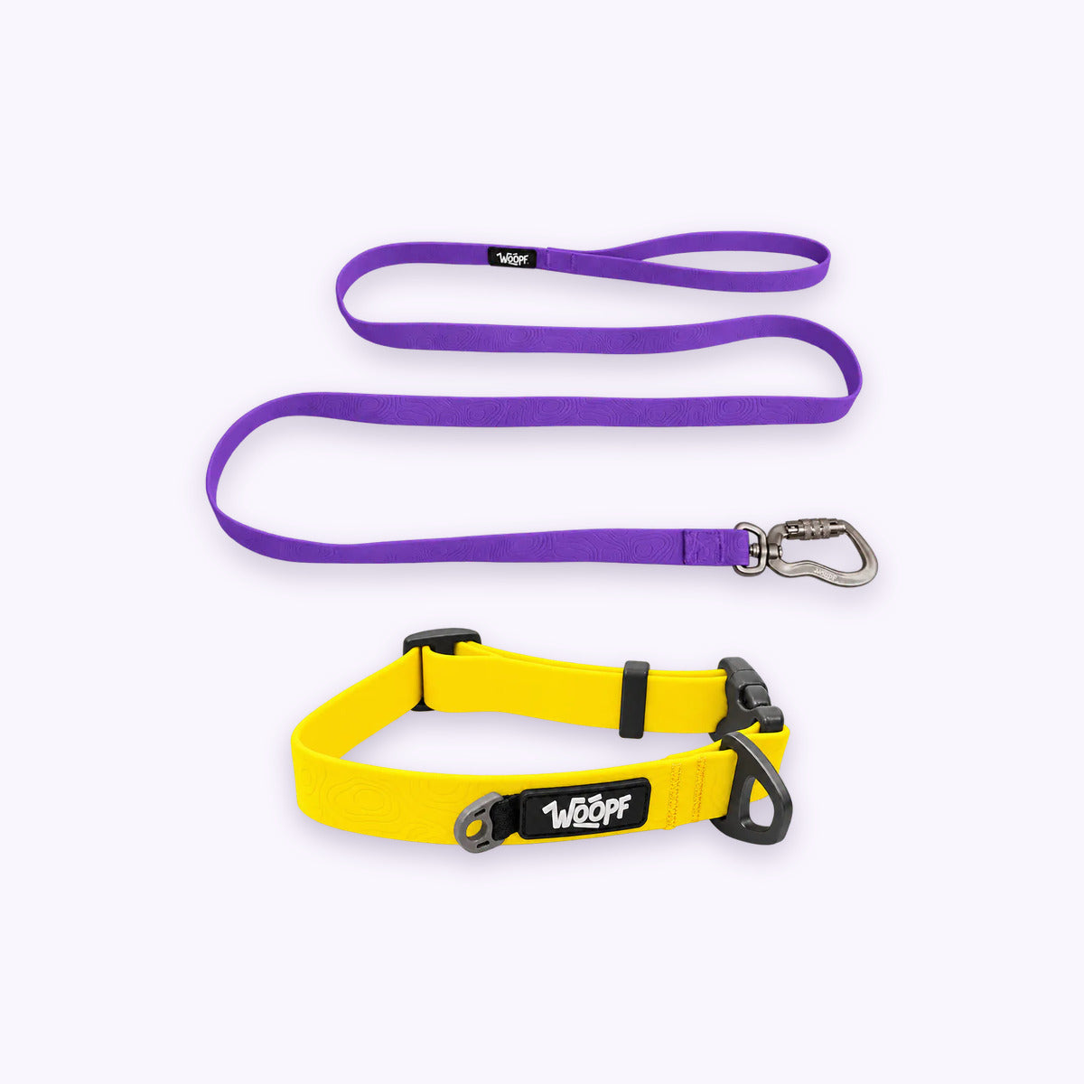 Yellow | Swimmer Bundle: The Yellow Sealskin Waterproof Dog Collar with the Purple Sealskin Lightweight Waterproof Leash on a pale lavender background