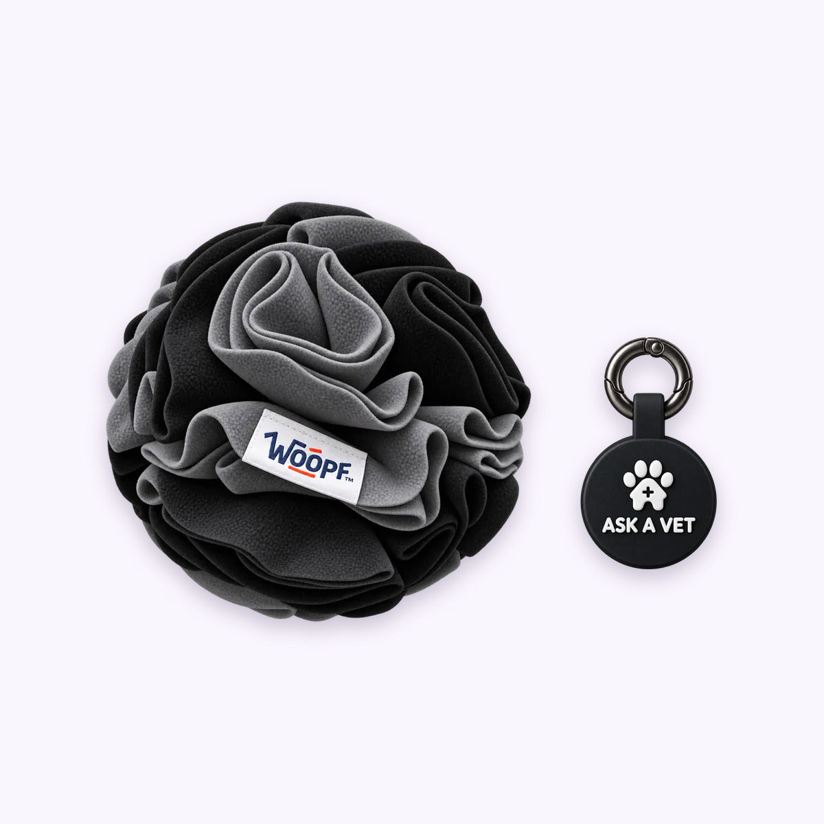 Black | Tag & Sniff Bundle: The Black Snuffle Ball with the Black Smart ID Tag on a pale lavender background