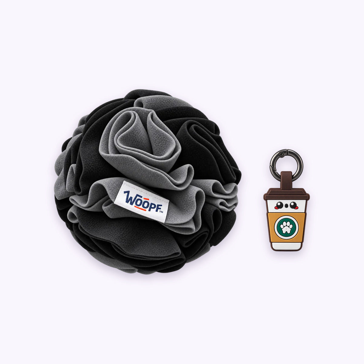 Black | Tag & Sniff Bundle: The Black Snuffle Ball with the Coffee Smart ID Tag on a pale lavender background