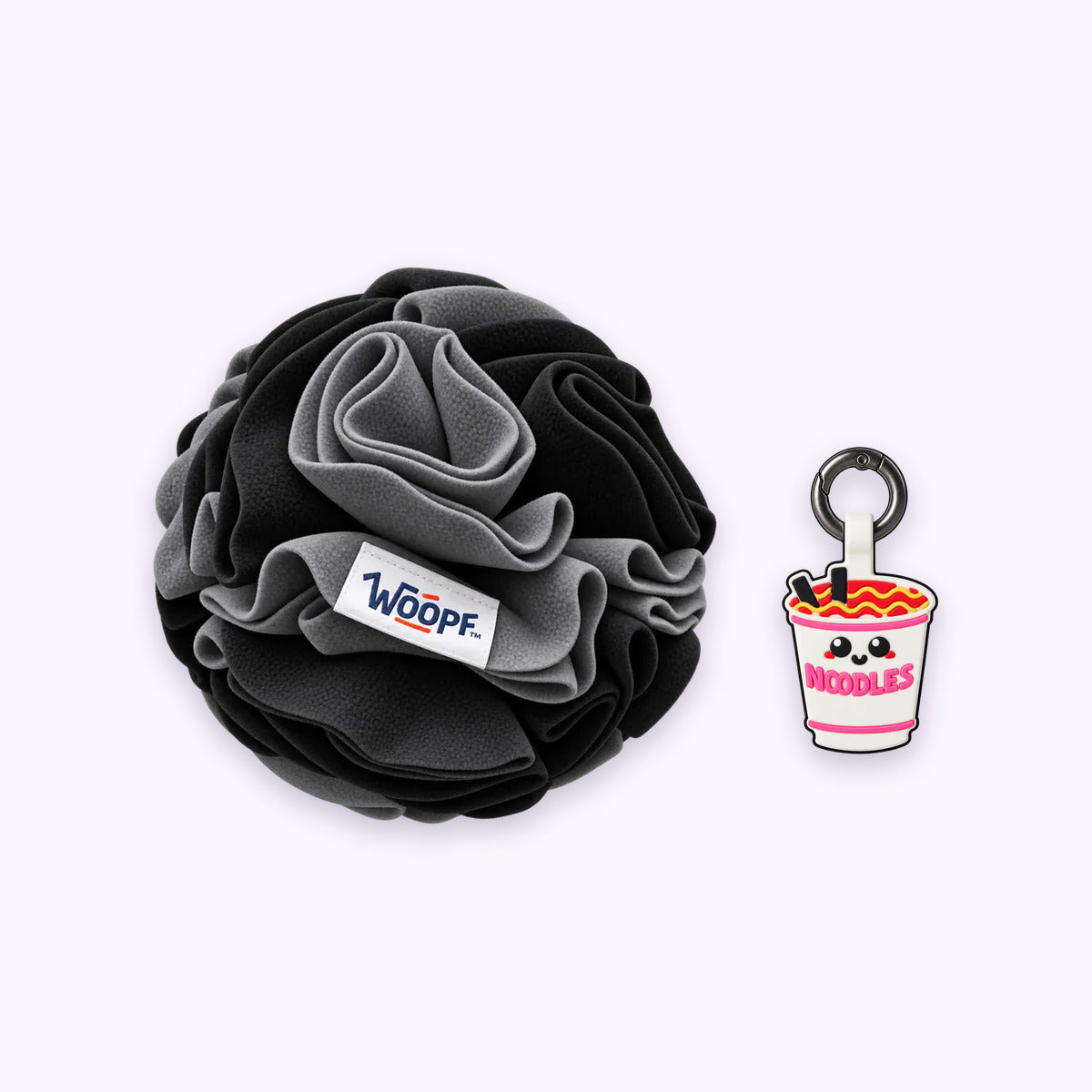 Black | Tag & Sniff Bundle: The Black Snuffle Ball with the Ramen Smart ID Tag on a pale lavender background