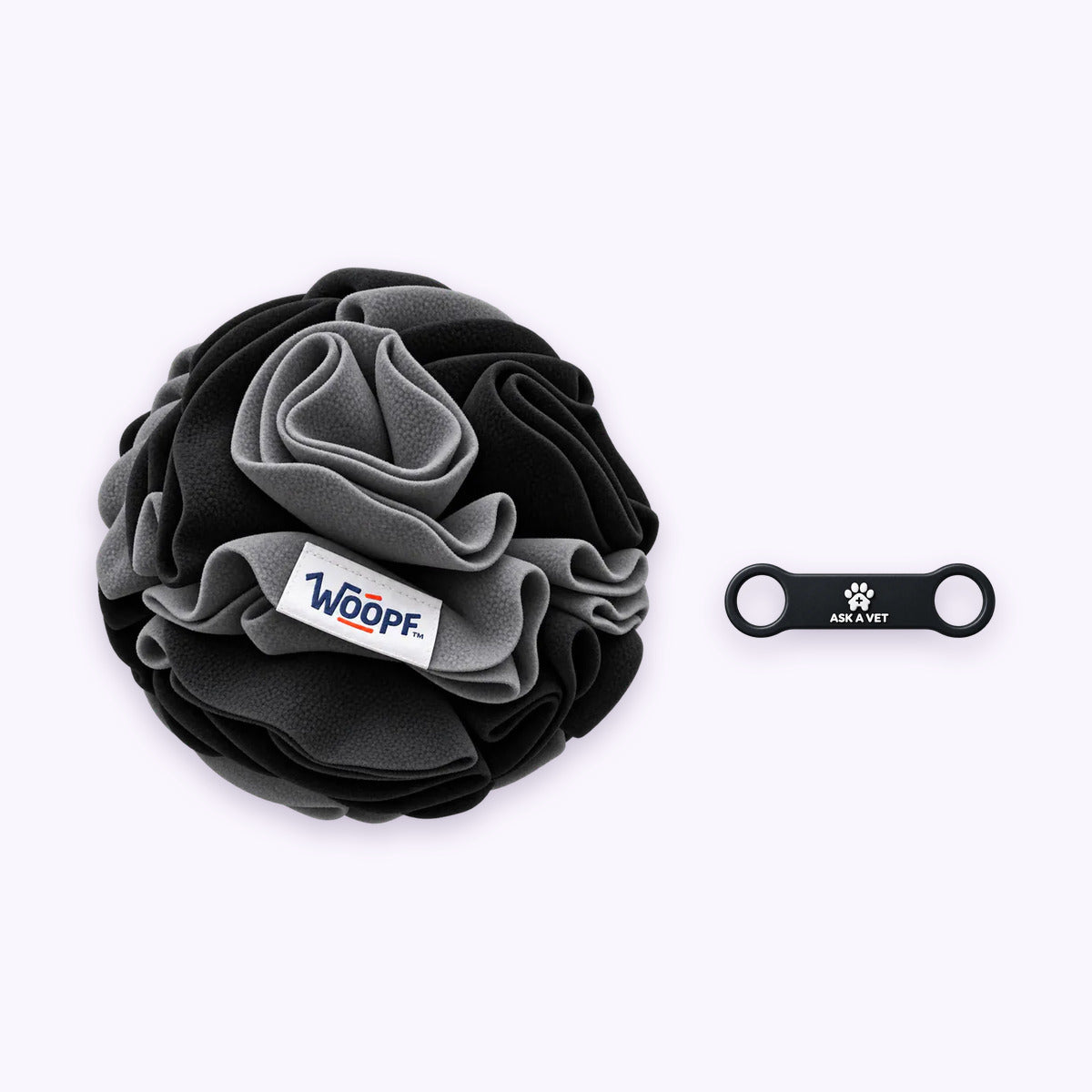 Black | Tag & Sniff Bundle: The Black Snuffle Ball with the Slide-On Smart ID Tag on a pale lavender background
