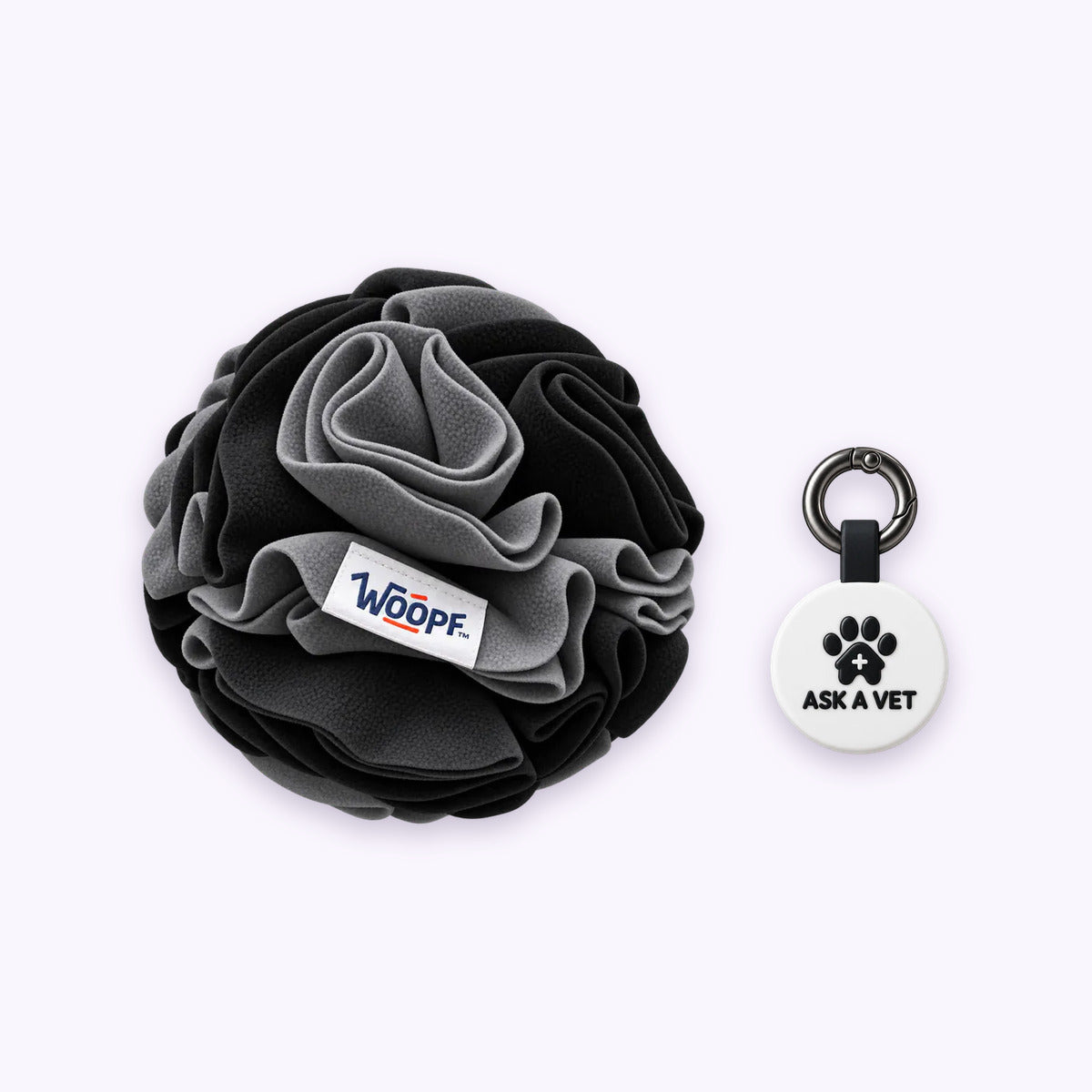 Black | Tag & Sniff Bundle: The Black Snuffle Ball with the White Smart ID Tag on a pale lavender background