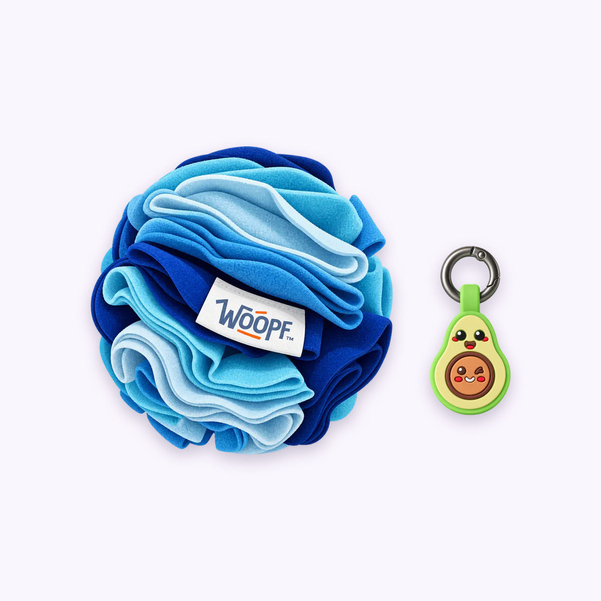 Blue | Tag & Sniff Bundle: The Blue Snuffle Ball with the Avocado Smart ID Tag on a pale lavender background