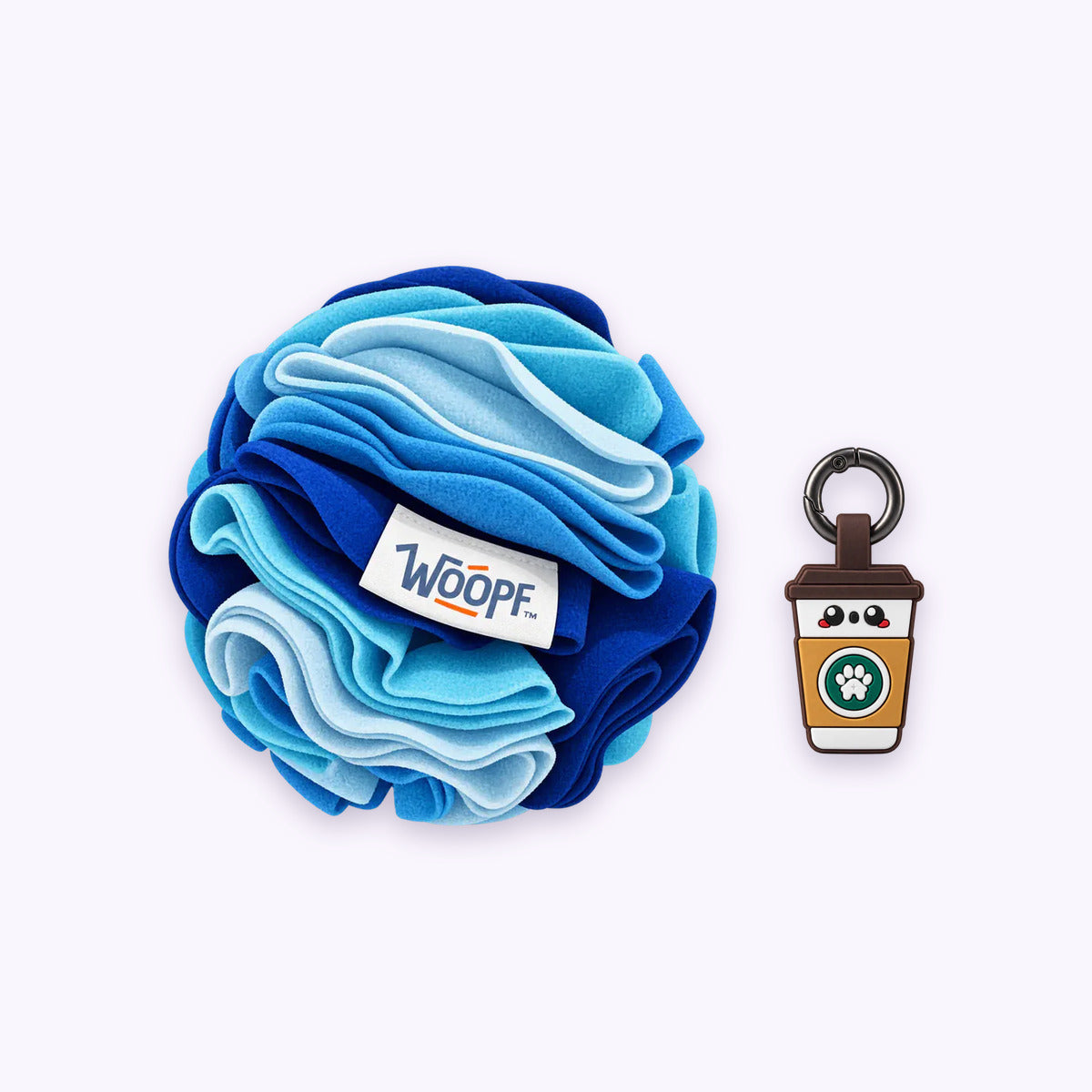 Blue | Tag & Sniff Bundle: The Blue Snuffle Ball with the Coffee Smart ID Tag on a pale lavender background