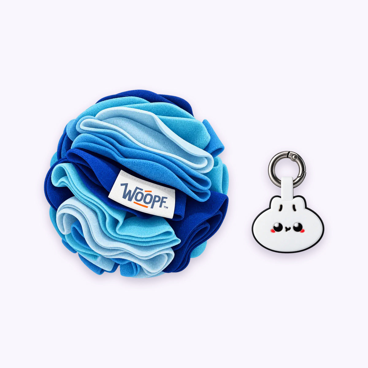 Blue | Tag & Sniff Bundle: The Blue Snuffle Ball with the Dumpling Smart ID Tag on a pale lavender background