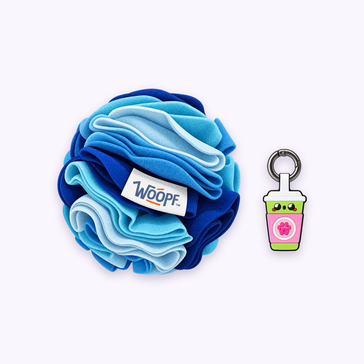 Blue | Tag & Sniff Bundle: The Blue Snuffle Ball with the Sakura Matcha Smart ID Tag on a pale lavender background
