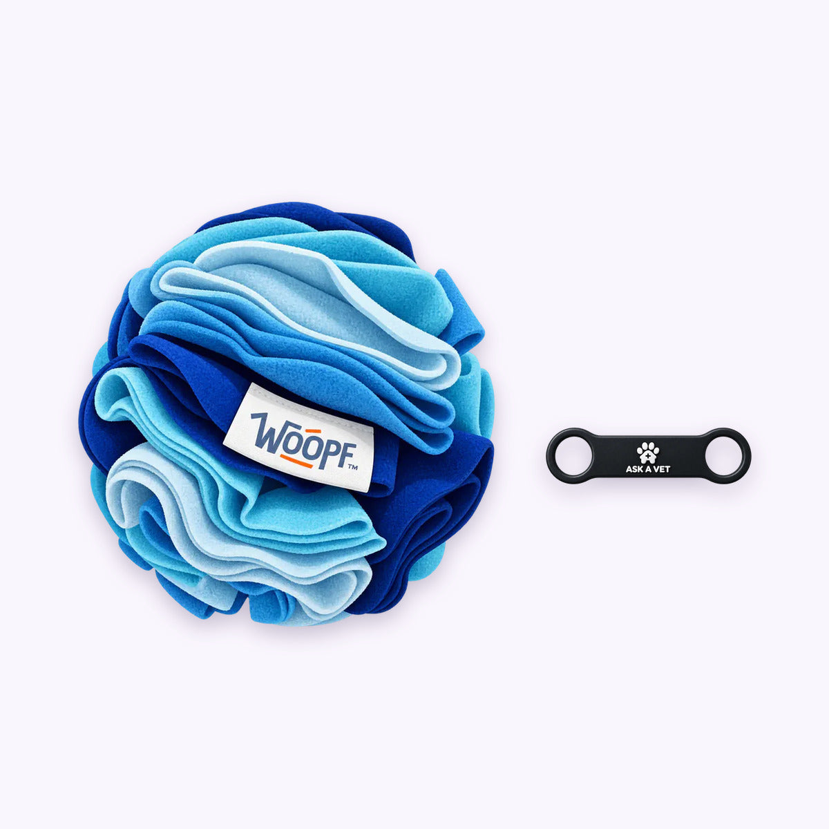 Blue | Tag & Sniff Bundle: The Blue Snuffle Ball with the Slide-On Smart ID Tag on a pale lavender background