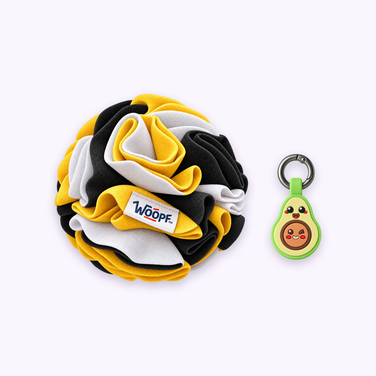 Bumble Bee | Tag & Sniff Bundle: The Bumble Bee Snuffle Ball with the Avocado Smart ID Tag on a pale lavender background