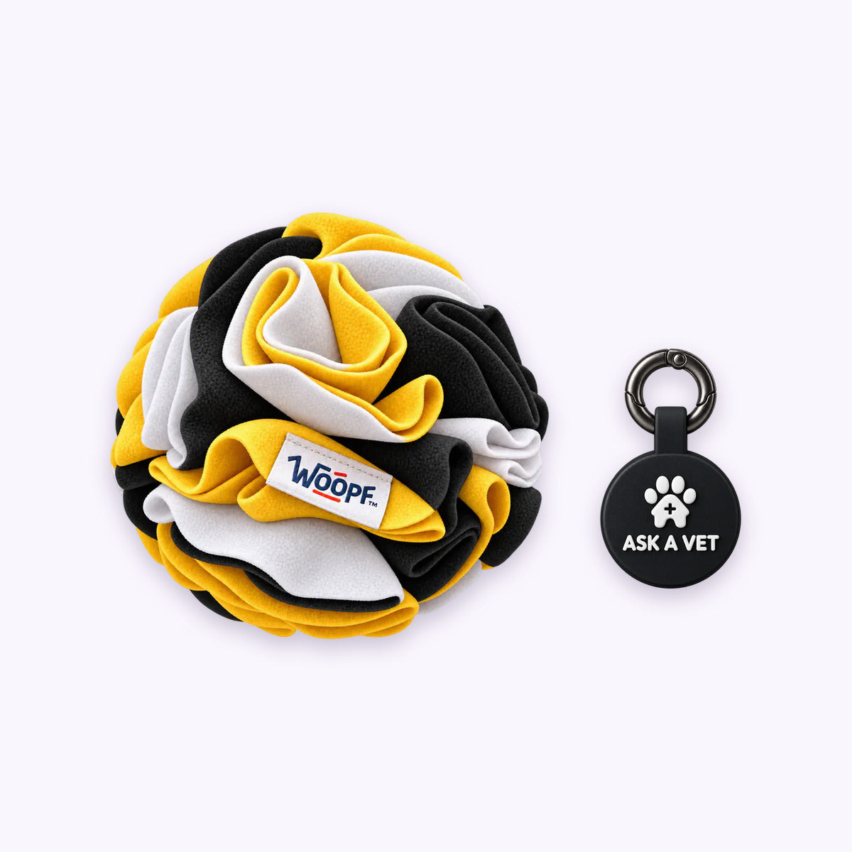 Bumble Bee | Tag & Sniff Bundle: The Bumble Bee Snuffle Ball with the Black Smart ID Tag on a pale lavender background