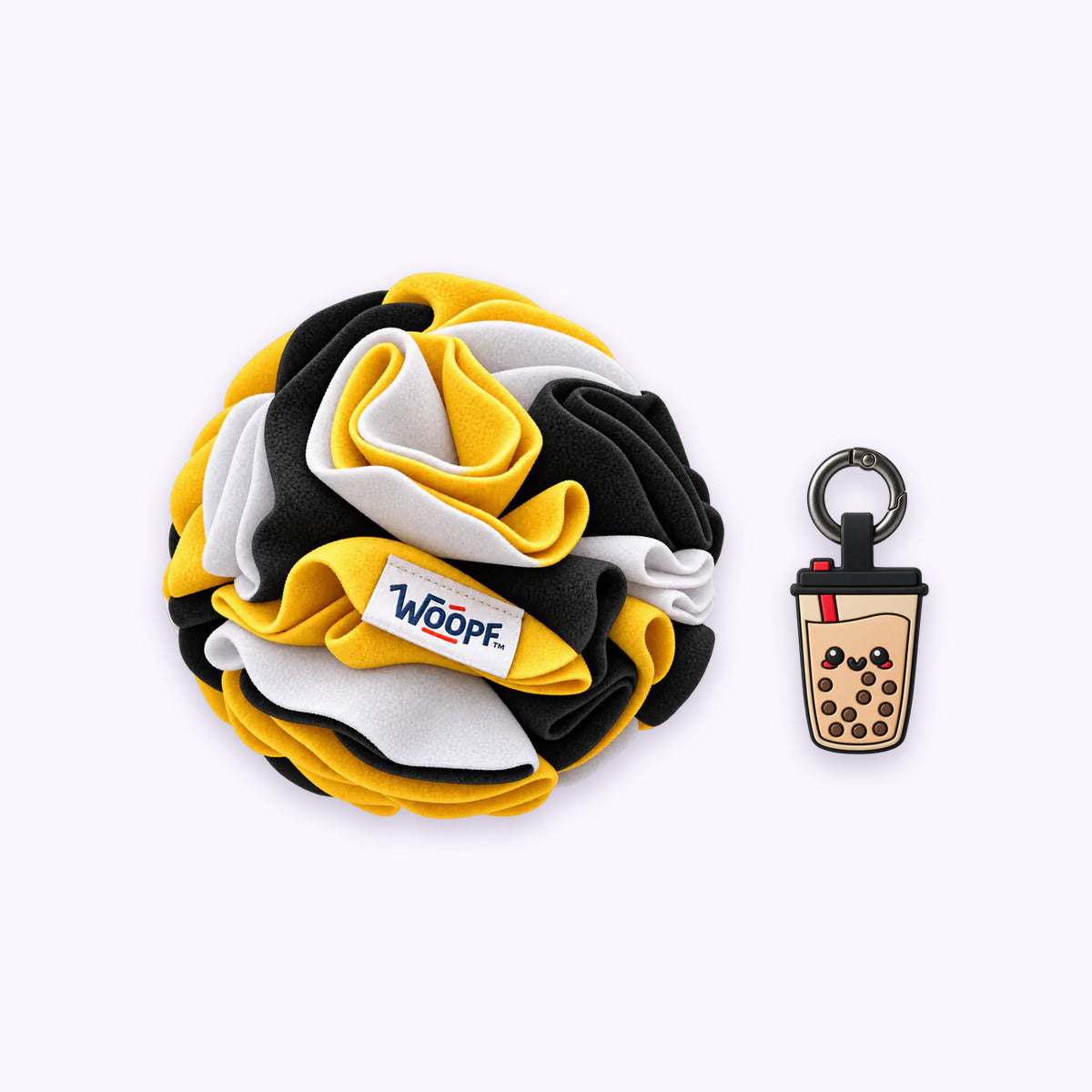 Bumble Bee | Tag & Sniff Bundle: The Bumble Bee Snuffle Ball with the Boba Smart ID Tag on a pale lavender background