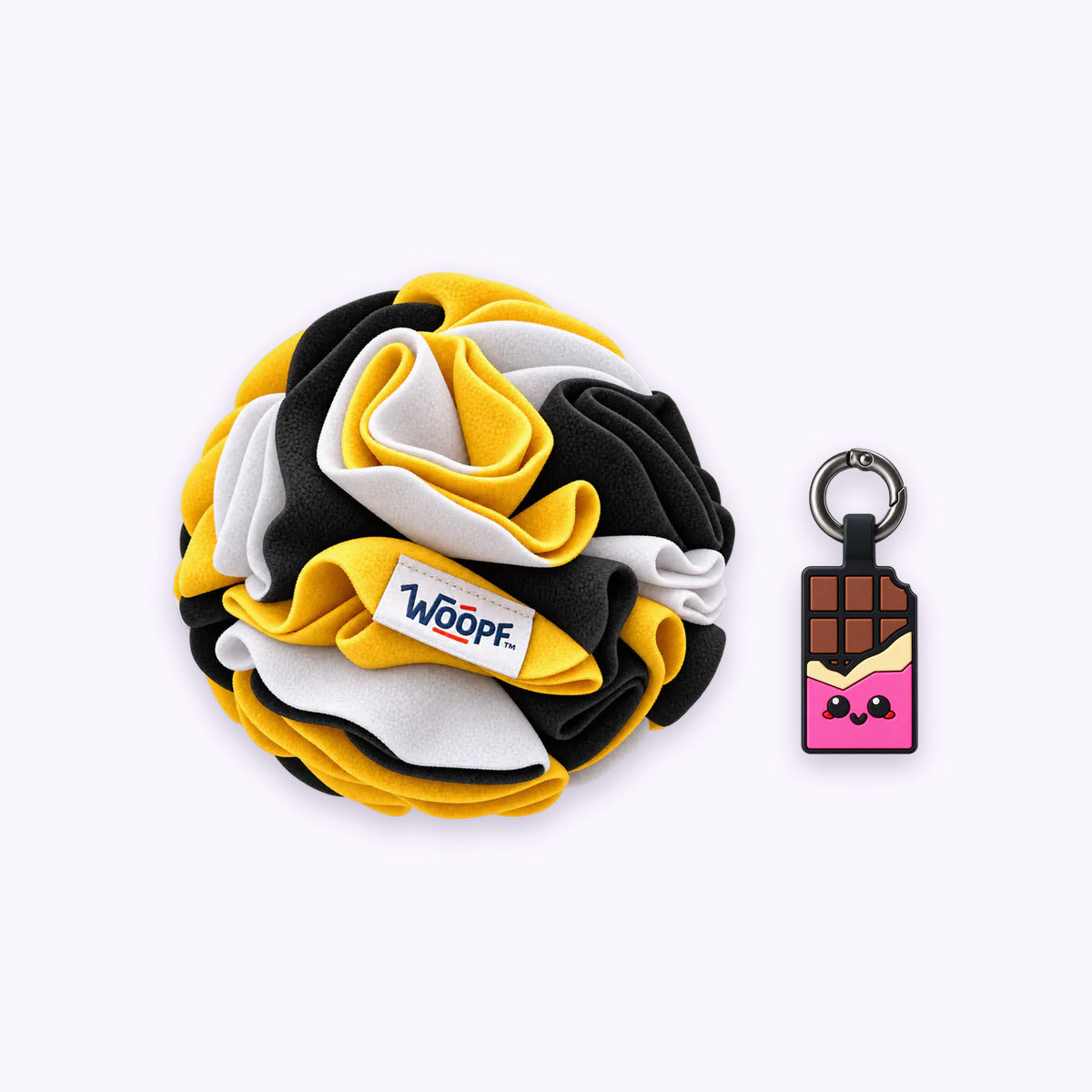 Bumble Bee | Tag & Sniff Bundle: The Bumble Bee Snuffle Ball with the Chocolate Pink Smart ID Tag on a pale lavender background