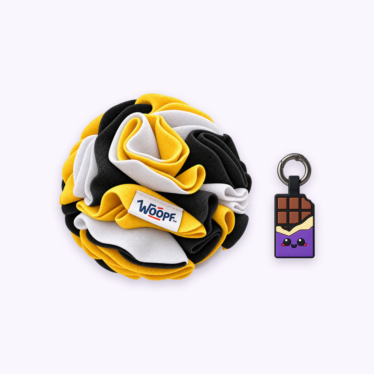 Bumble Bee | Tag & Sniff Bundle: The Bumble Bee Snuffle Ball with the Chocolate Purple Smart ID Tag on a pale lavender background