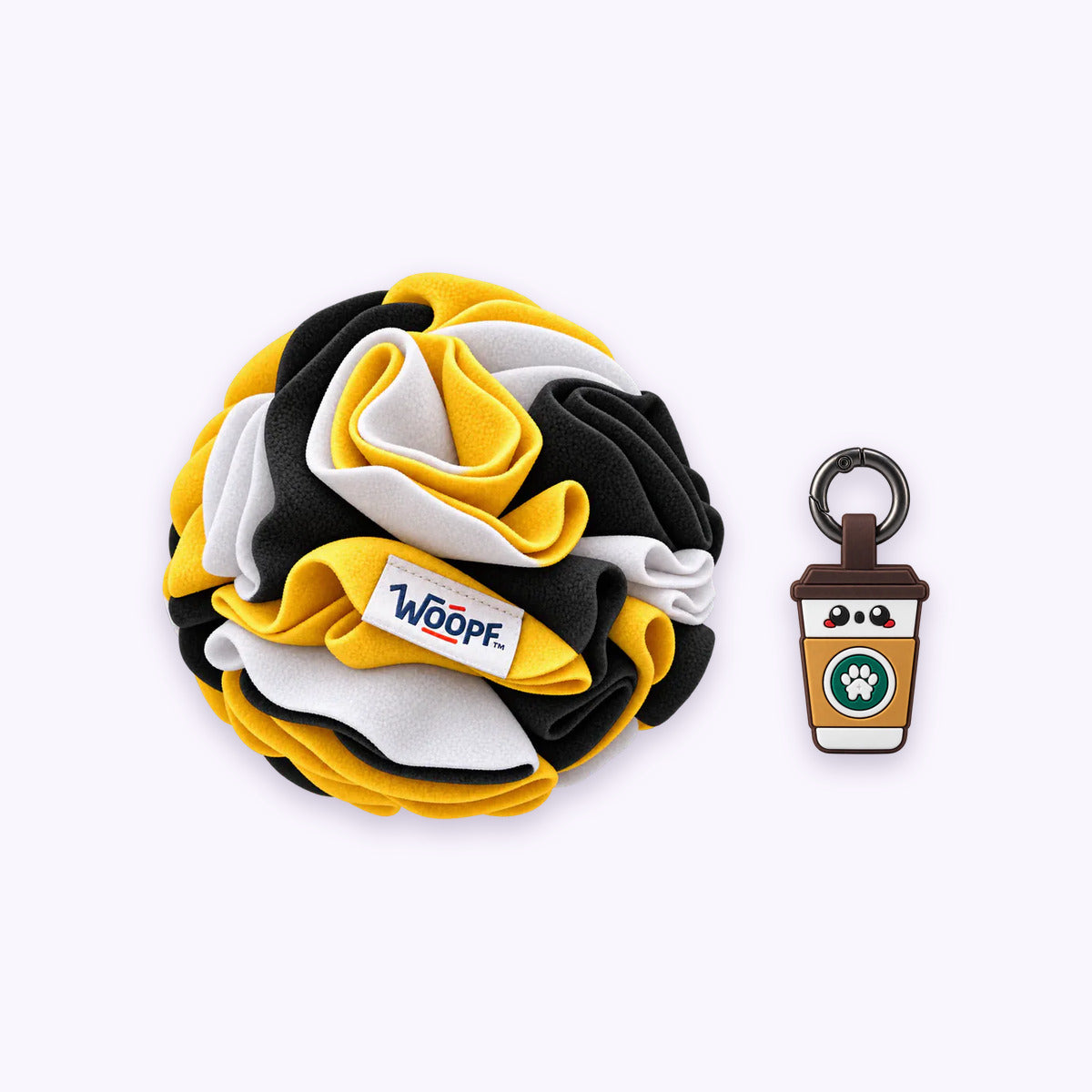 Bumble Bee | Tag & Sniff Bundle: The Bumble Bee Snuffle Ball with the Coffee Smart ID Tag on a pale lavender background