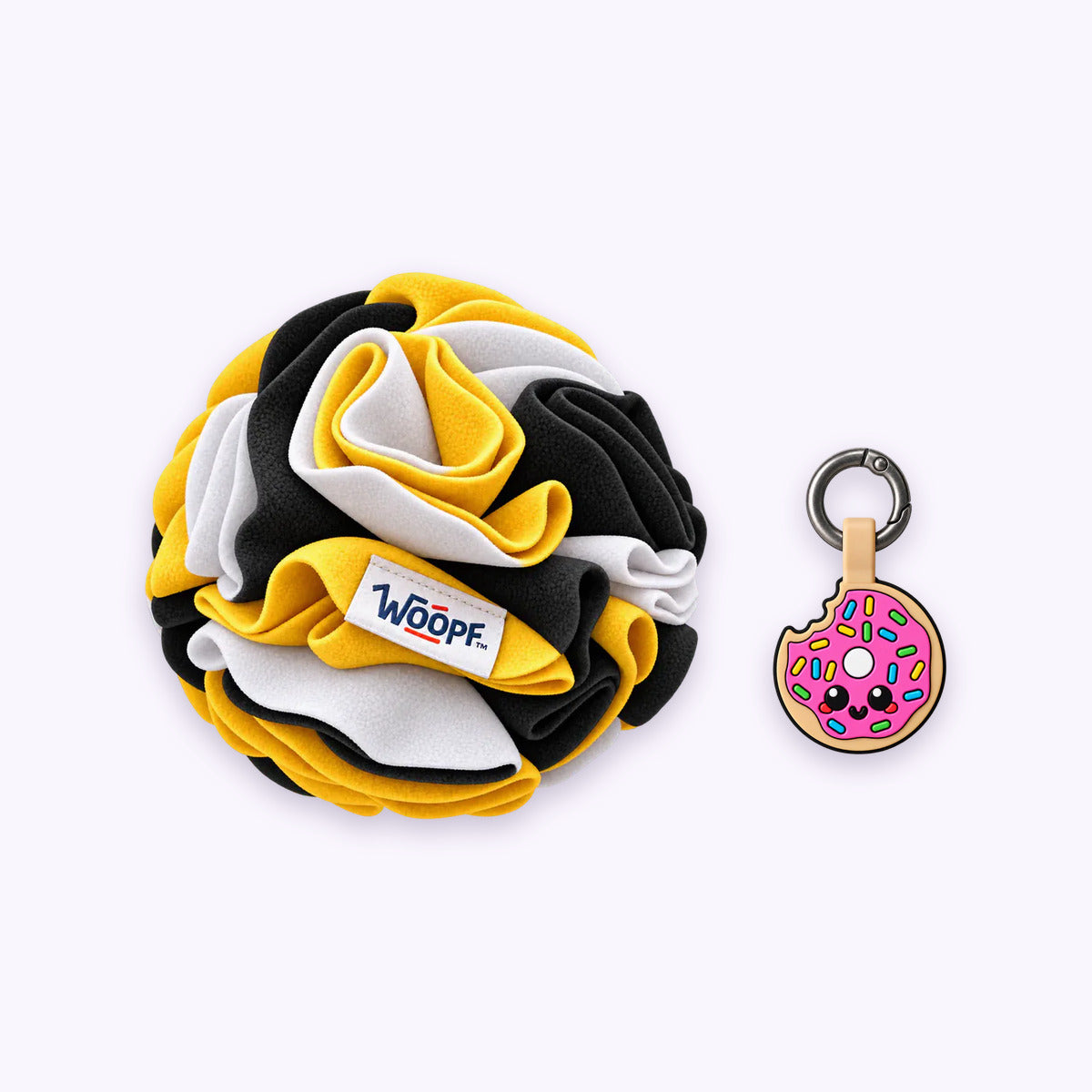 Bumble Bee | Tag & Sniff Bundle: The Bumble Bee Snuffle Ball with the Donut Smart ID Tag on a pale lavender background