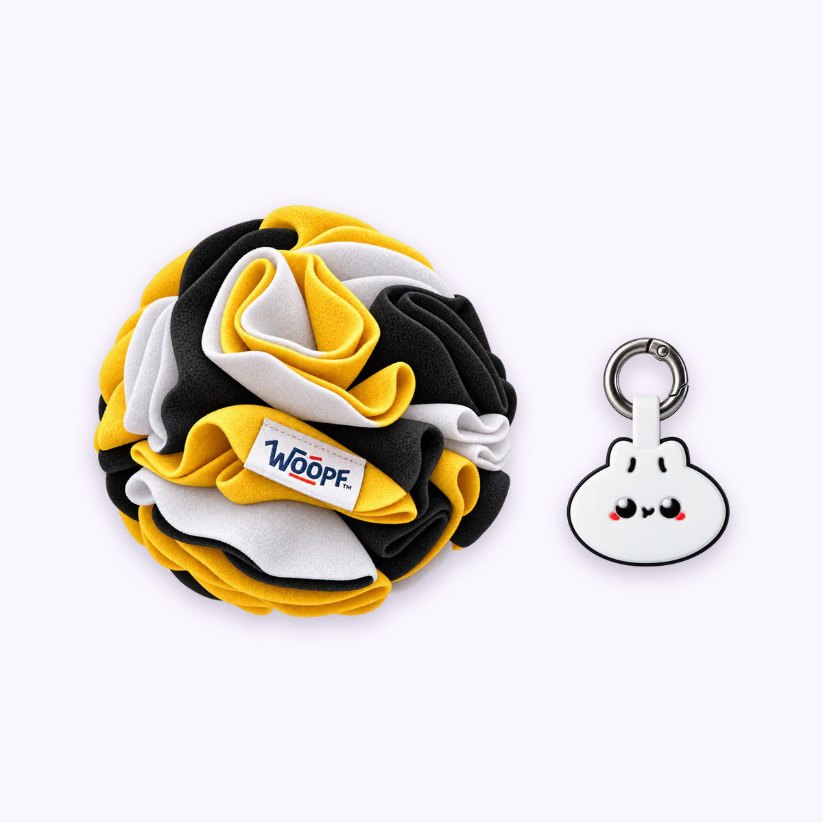 Bumble Bee | Tag & Sniff Bundle: The Bumble Bee Snuffle Ball with the Dumpling Smart ID Tag on a pale lavender background