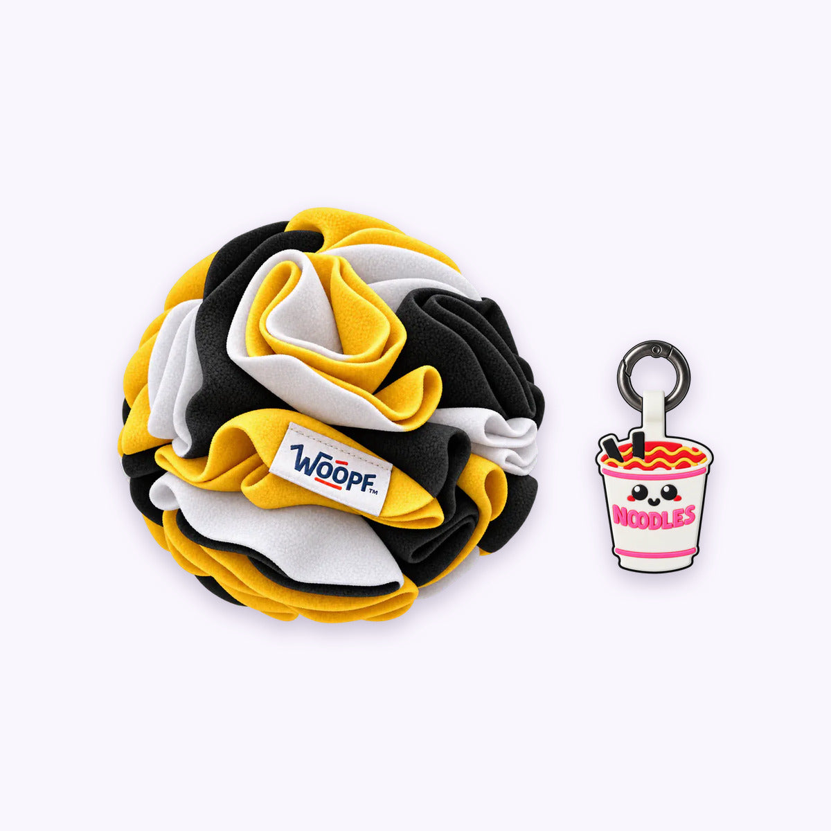 Bumble Bee | Tag & Sniff Bundle: The Bumble Bee Snuffle Ball with the Ramen Smart ID Tag on a pale lavender background