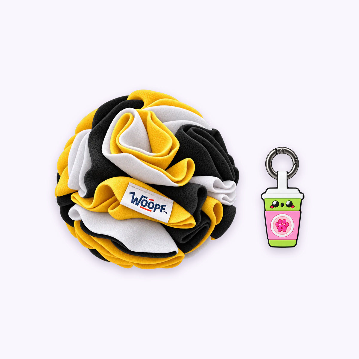 Bumble Bee | Tag & Sniff Bundle: The Bumble Bee Snuffle Ball with the Sakura Matcha Smart ID Tag on a pale lavender background