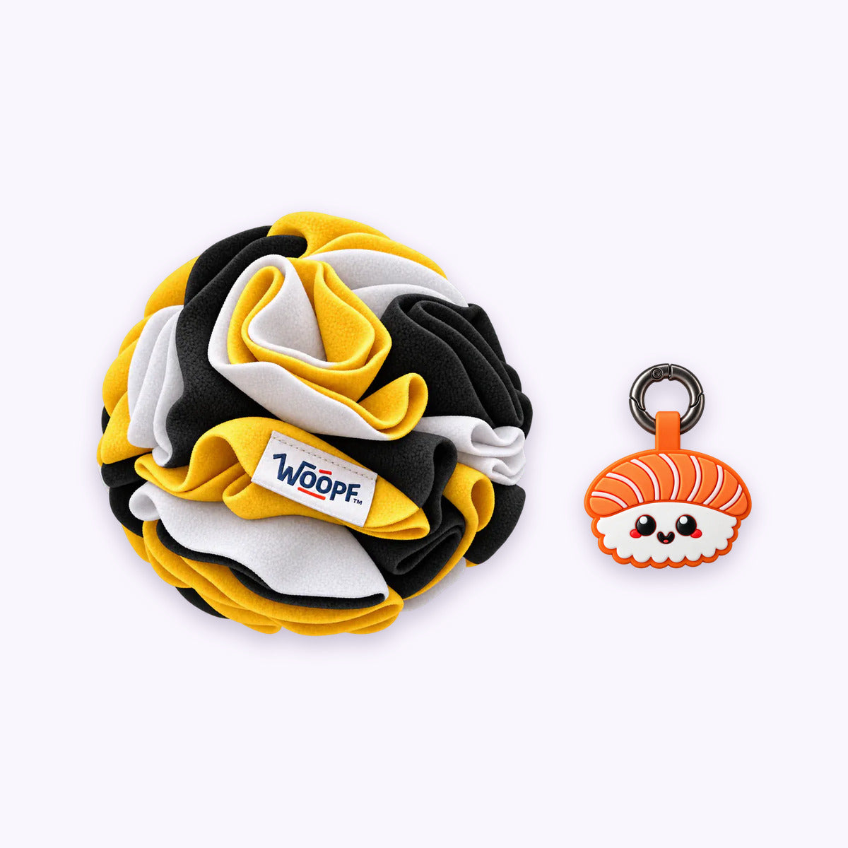 Bumble Bee | Tag & Sniff Bundle: The Bumble Bee Snuffle Ball with the Salmon Sushi Smart ID Tag on a pale lavender background