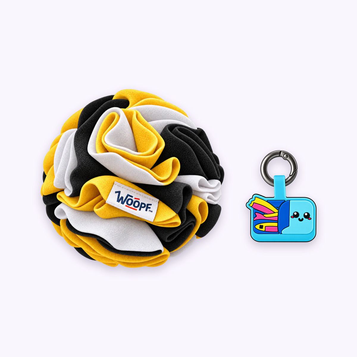 Bumble Bee | Tag & Sniff Bundle: The Bumble Bee Snuffle Ball with the Sardines Smart ID Tag on a pale lavender background