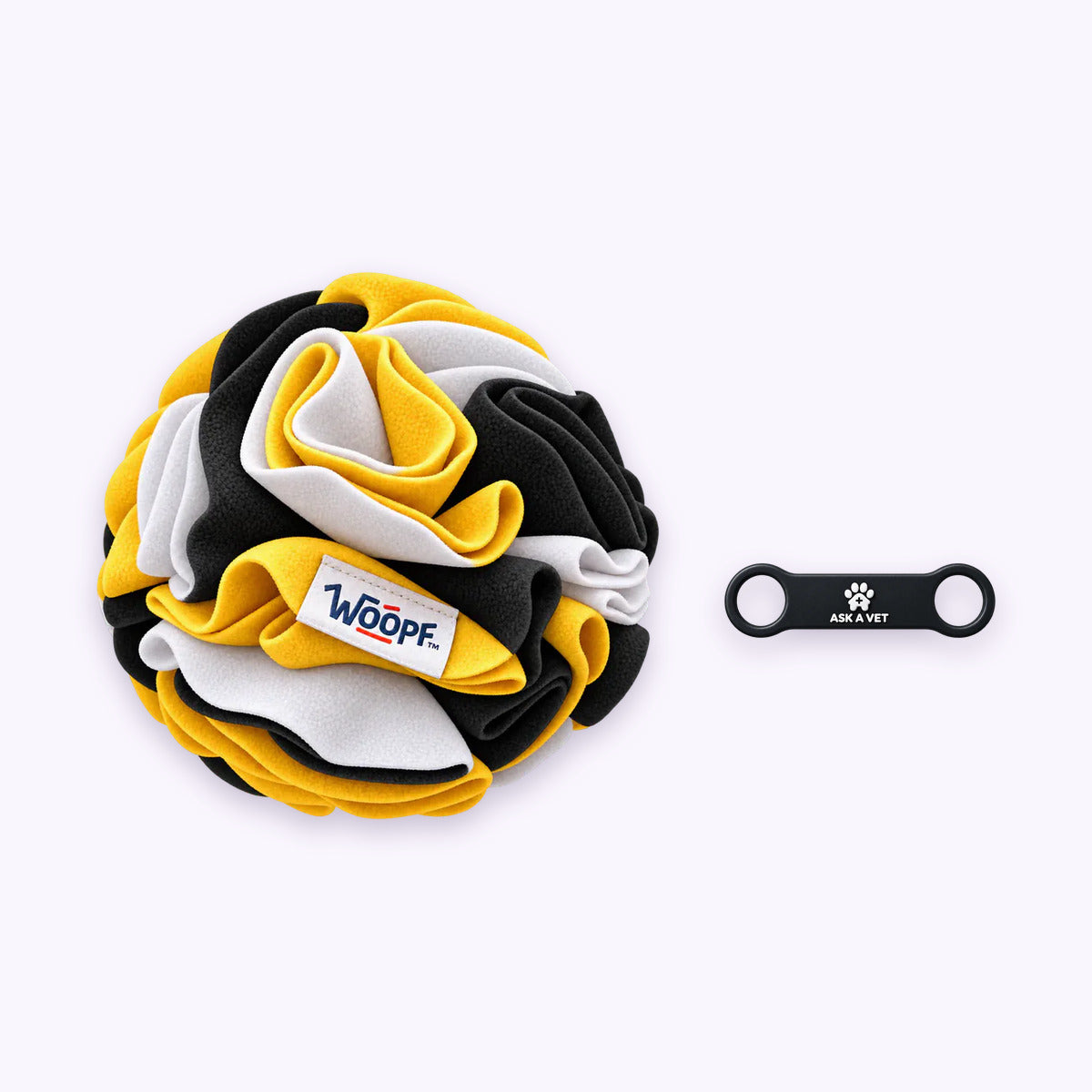 Bumble Bee | Tag & Sniff Bundle: The Bumble Bee Snuffle Ball with the Slide-On Smart ID Tag on a pale lavender background