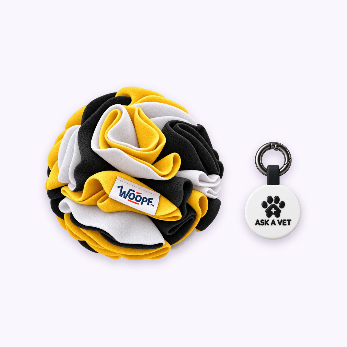 Bumble Bee | Tag & Sniff Bundle: The Bumble Bee Snuffle Ball with the White Smart ID Tag on a pale lavender background