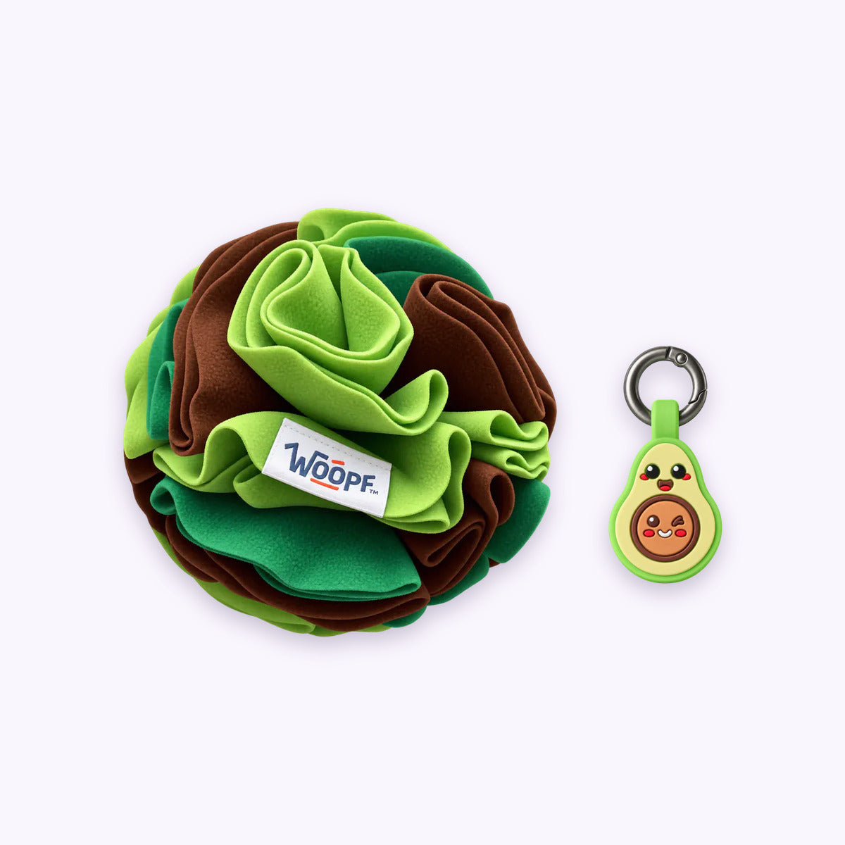 Tag & Sniff Bundle: The Green Snuffle Ball with the Avocado Smart ID Tag on a pale lavender background