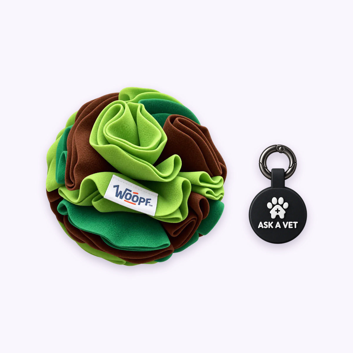 Green | Tag & Sniff Bundle: The Green Snuffle Ball with the Black Smart ID Tag on a pale lavender background