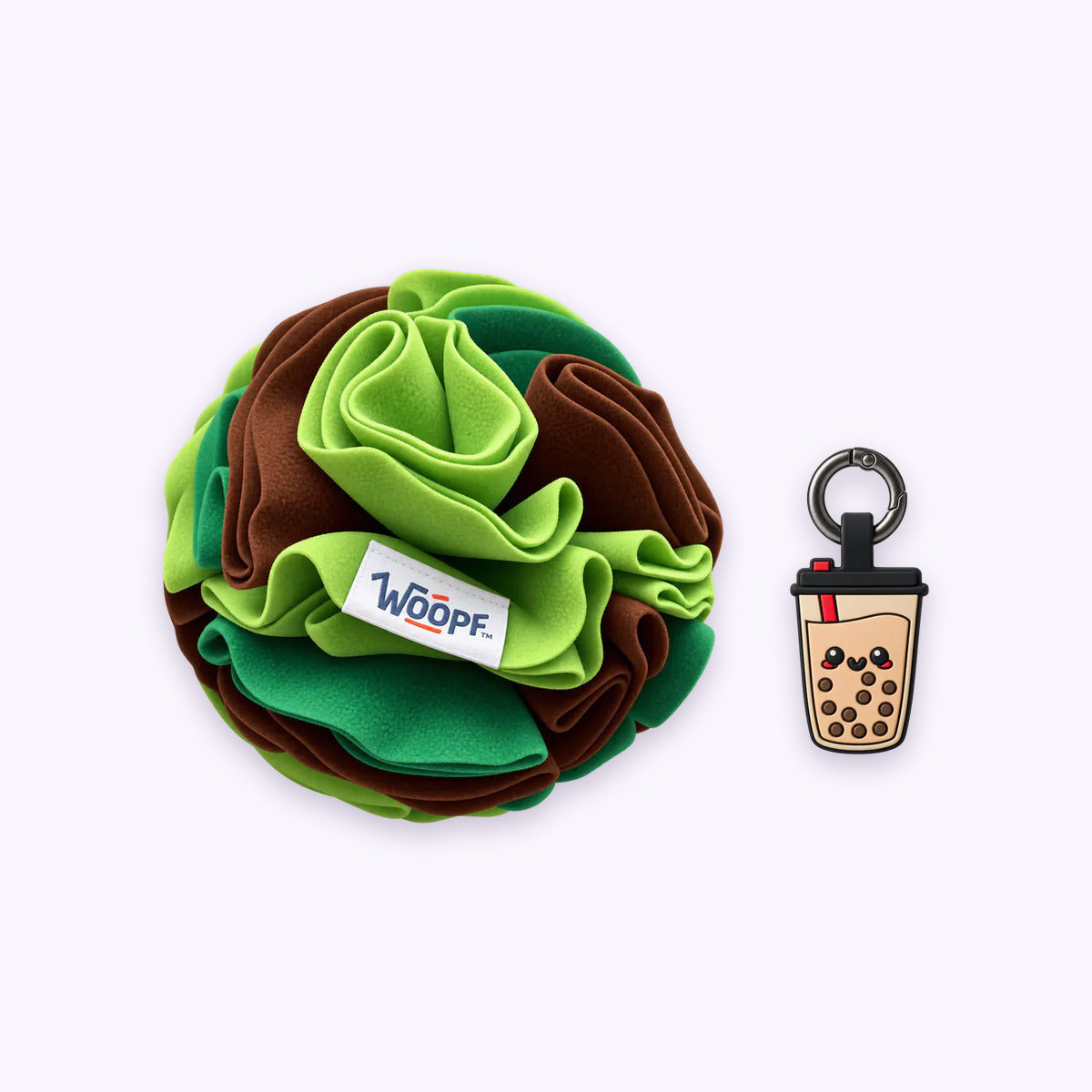 Green | Tag & Sniff Bundle: The Green Snuffle Ball with the Boba Smart ID Tag on a pale lavender background