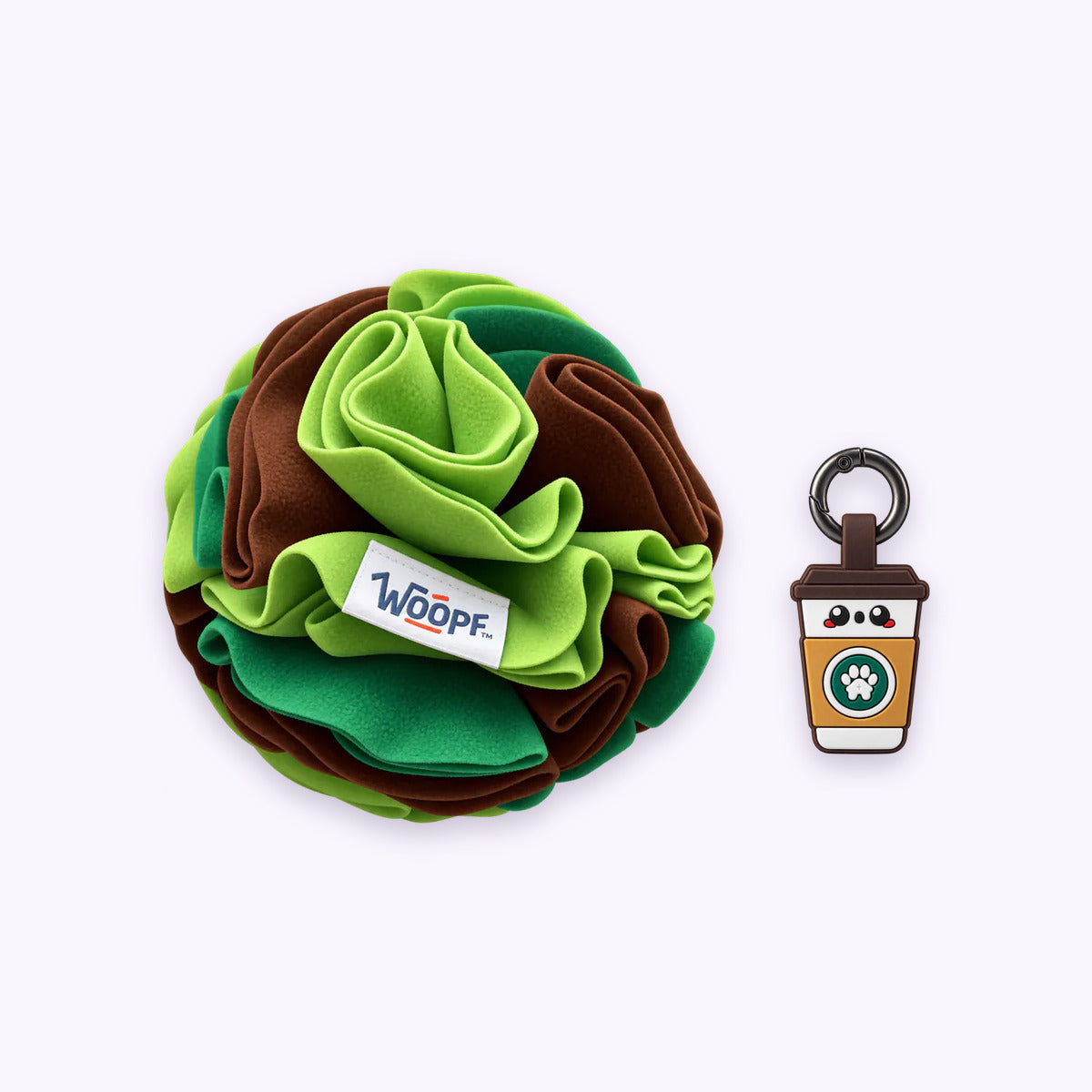 Green | Tag & Sniff Bundle: The Green Snuffle Ball with the Coffee Smart ID Tag on a pale lavender background
