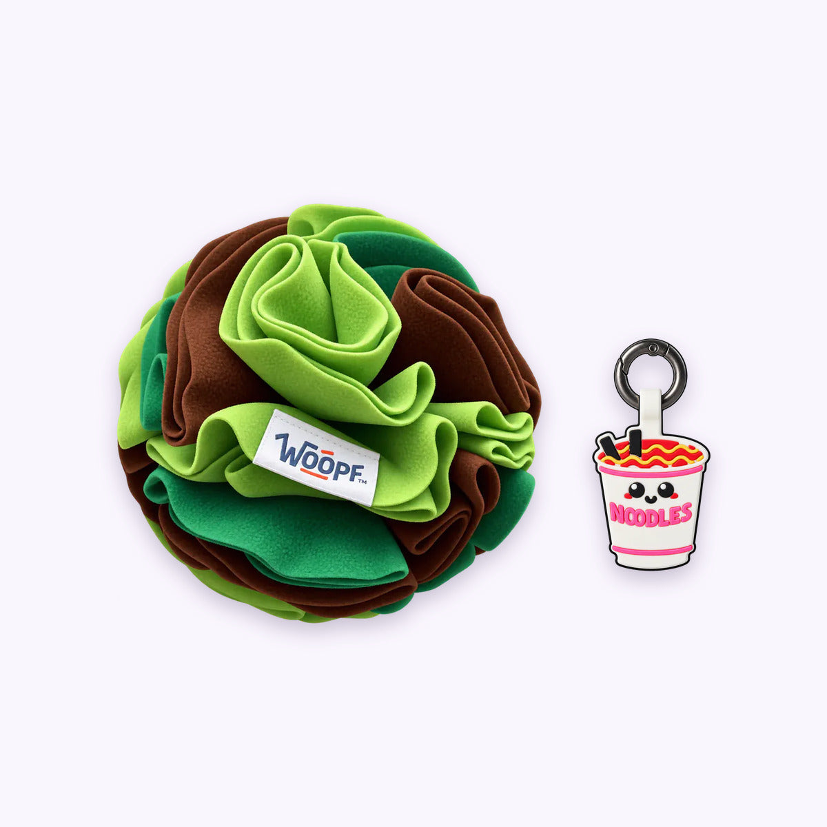 Green | Tag & Sniff Bundle: The Green Snuffle Ball with the Ramen Smart ID Tag on a pale lavender background