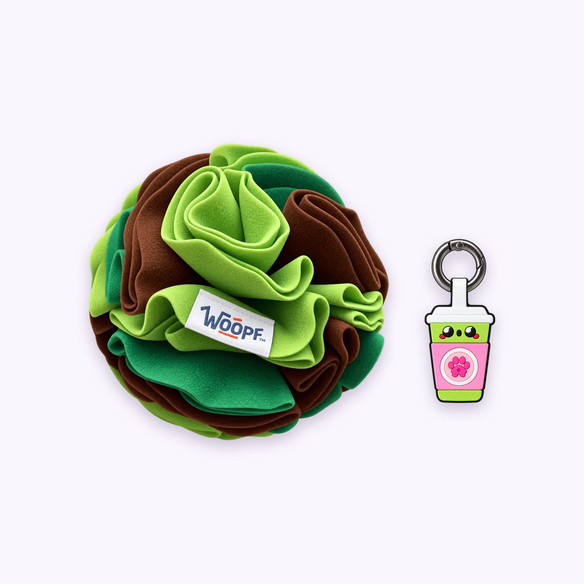 Green | Tag & Sniff Bundle: The Green Snuffle Ball with the Sakura Matcha Smart ID Tag on a pale lavender background