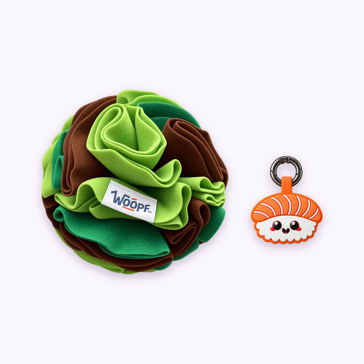 Green | Tag & Sniff Bundle: The Green Snuffle Ball with the Salmon Sushi Smart ID Tag on a pale lavender background