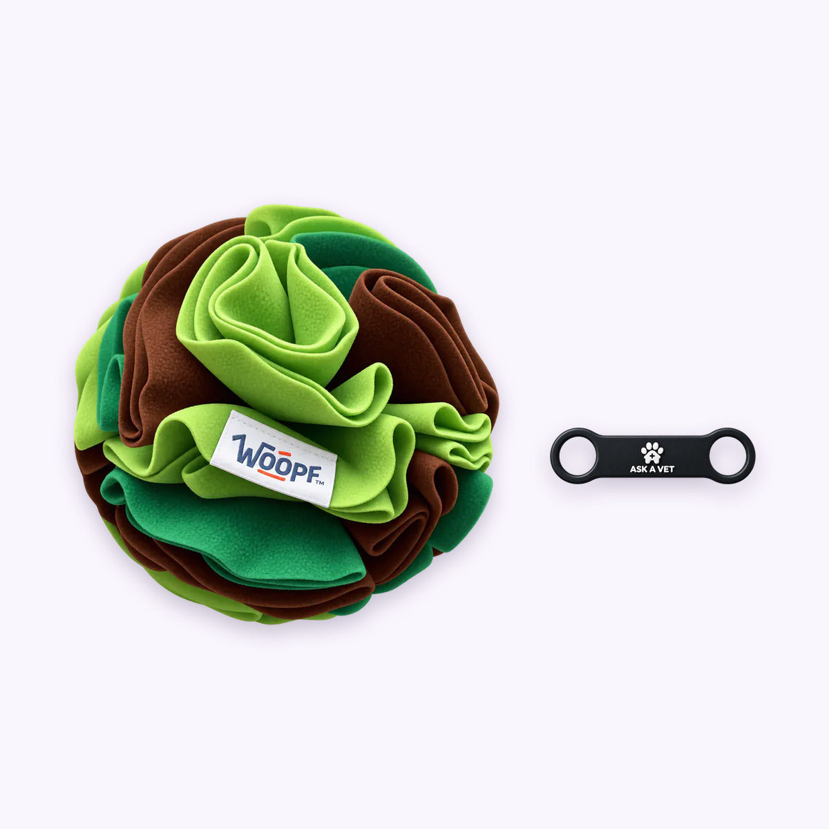 Green | Tag & Sniff Bundle: The Green Snuffle Ball with the Slide-On Smart ID Tag on a pale lavender background