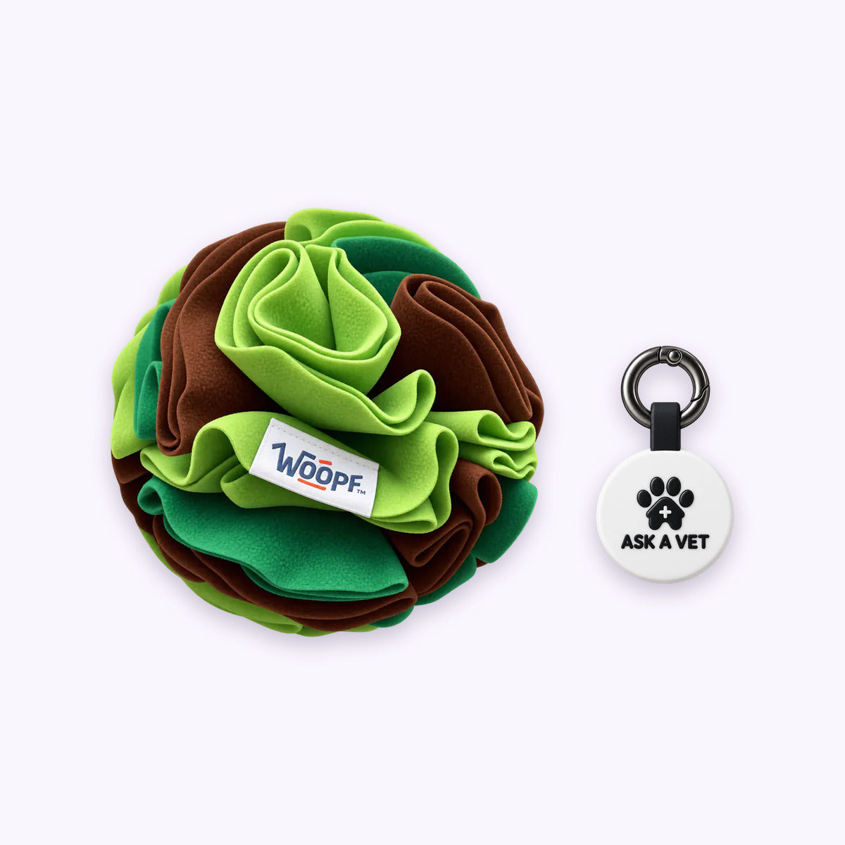 Green | Tag & Sniff Bundle: The Green Snuffle Ball with the White Smart ID Tag on a pale lavender background