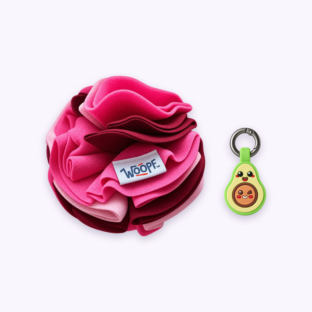 Tag & Sniff Bundle: The Pink Snuffle Ball with the Avocado Smart ID Tag on a pale lavender background