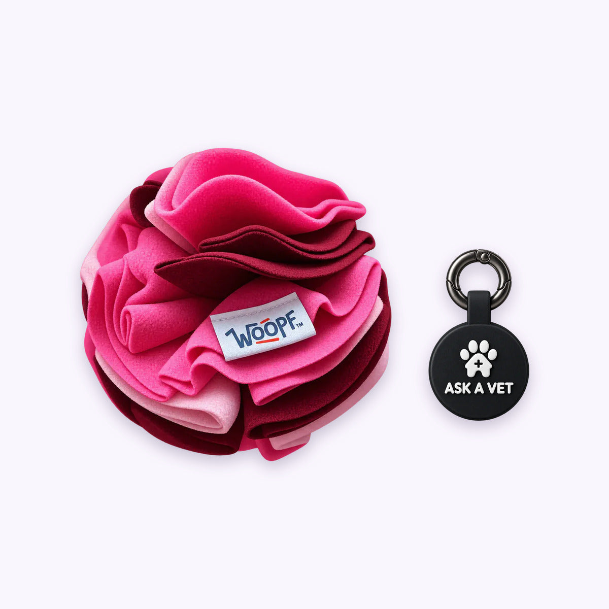 Pink | Tag & Sniff Bundle: The Pink Snuffle Ball with the Black Smart ID Tag on a pale lavender background